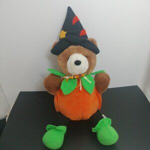 Vtg Halloween Pumpkin  Plush Teddy Bear Stuffed  Costume Witches Hat 16" Excelle